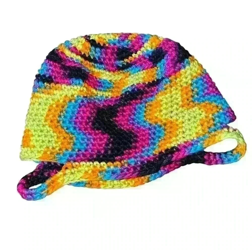 Colorful Hand Knit Beanie Boho Outdoor Hiking Fall‎